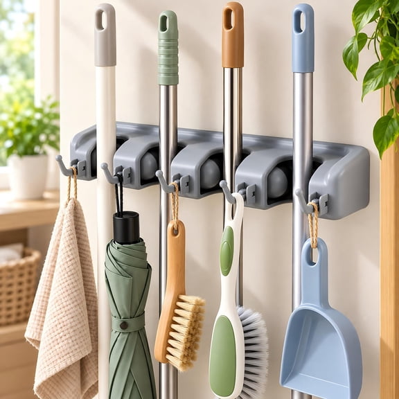 Mop and Broom Holder Wall Mount with 4 Positions and 5 Hooks, Heavy Duty Cleaning Supplies Organizer for Garden Kitchen Laundry Tool Storage(Gray)