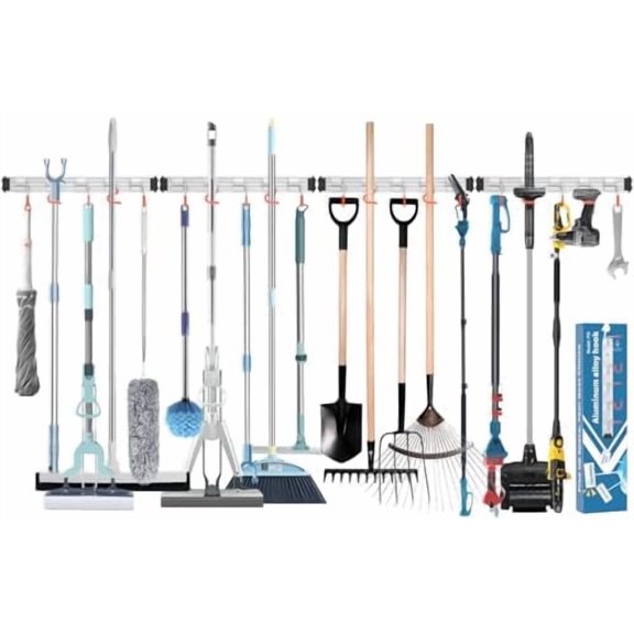 Mop and Broom Holder Wall Mount Garden Tool Rack Organizer, Modern Style,Movable Aluminum Alloy Wall Mounted Hook 4 Pack,Storage Gift for Bathroom,Closet,Laundry Room,Garage,Tool Room(Orange)