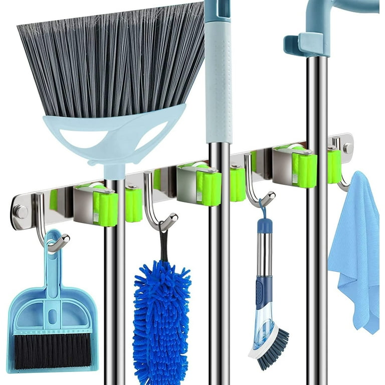Mop and Broom Holder Wall Mount Dinosam Heavy Duty Broom Garden Tool Organizer  Mop Hanger Home Cleaning Supplies Organizations Storage Rack for Garage(2  Positions, 3 Hooks) 