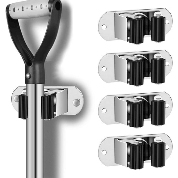 Mop and Broom Holder Wall Mount Heavy Duty Stainless Steel Wall Mounted Broom Organizer Laundry Room Home Garden Garage Storage and Organization Rack (4Pcs Silver)