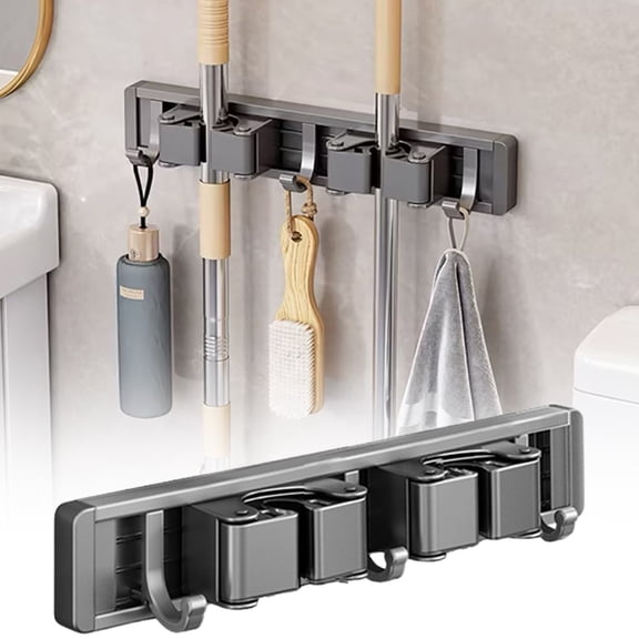 Mop & Broom Holder, Wall Mount Mop and Broom Hanger with 2 Slots and 3 Hooks, Anti-Slip Broom Hanger for Kitchen Organization, Easy Install Tool Organizer for Closet, Garage
