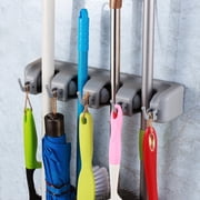 Mop Broom Holder Wall Mount, Plastic Broom Organizer Wall Mount, Organizations and Storage with Hooks Heavy Duty, Garden Kitchen Tool Organizer for Home Cleaning Supplies 4 Positions, 5 Hooks