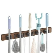 Mop and Broom Holder Wall Mount - Rustic Wood Broom Mop Hanger - Wall Mounted Garden Tool Rack Organizer for Closet Garage Laundry Room Kitchen, Brown
