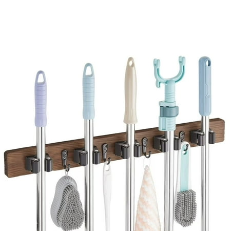 Mop and Broom Holder Wall Mount - Rustic Wood Broom Mop Hanger - Wall Mounted Garden Tool Rack Organizer for Closet Garage Laundry Room Kitchen, Brown