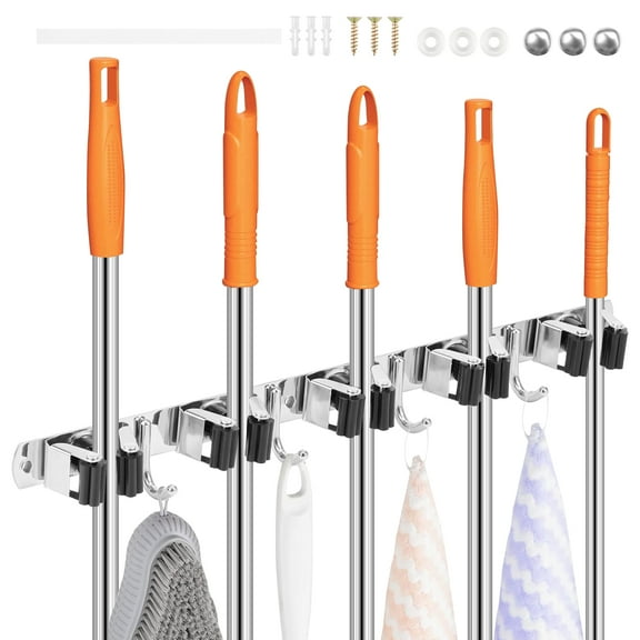 Mop and Broom Holder Wall Mount, Upgraded Broom Organizer Wall Mount, Stainless Steel Broom Hanger Wall Mount for Home Kitchen Garden Laundry Garage (4 Racks with 5 Hooks Silver)