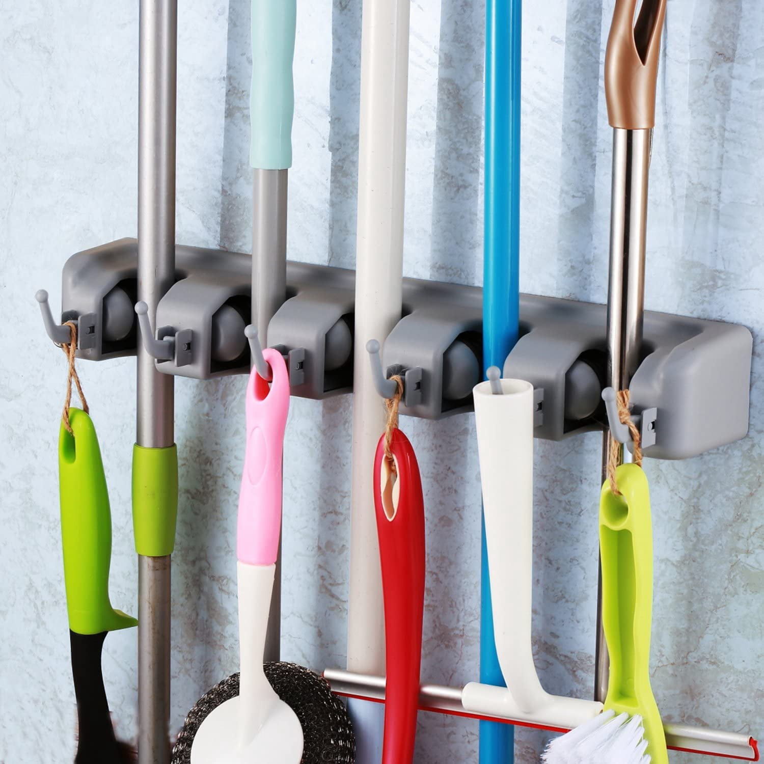 Mop and Broom Holder Wall Mounted 5 Position Storage Rack with 6 ...