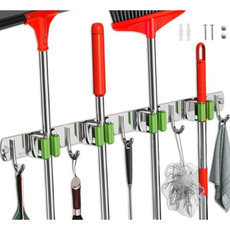 Mop and Broom Holder Wall Mounted/Broom and Mop Organizer Wall Hanger/Mop Broom Hanger Wall Mount/ Mop Broom Organizer Wall Mount/Tool Organizer Wall Mount/Garage Tool Organizer(4 Racks 5 Hooks)
