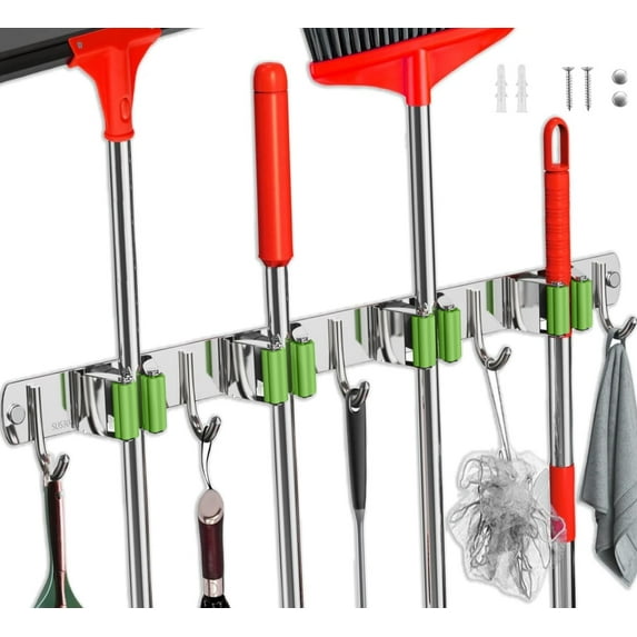 Mop and Broom Holder Wall Mounted/Broom and Mop Organizer Wall Hanger/Mop Broom Hanger Wall Mount/ Mop Broom Organizer Wall Mount/Tool Organizer Wall Mount/Garage Tool Organizer(4 Racks 5 Hooks)