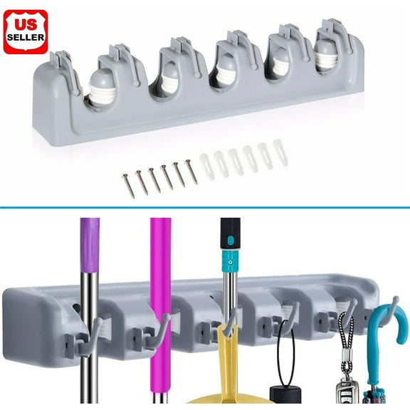 Mop and Broom Holder Wall Mounted Garden Tool Organizer Rake or Mop Handles 5 Position with 6 Broom Hooks Garage Holds up to 11 Tools for Garage Garden Kitchen Laundry Offices