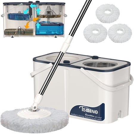 Tsmine Spin Mop with 4-Chamber Clean/Dirty Water Separation, 3 Pcs Mop Heads