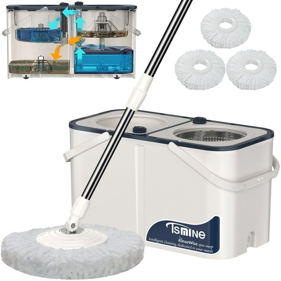 Tsmine Spin Mop with 4-Chamber Clean/Dirty Water Separation, 3 Pcs Mop Heads