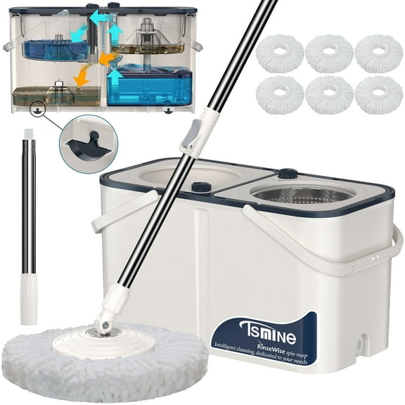 Tsmine Mop Bucket, 4-Chamber Separates Clean & Dirty Water, 6 Refills Included