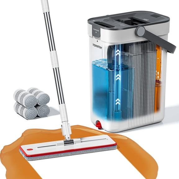 Mop and Bucket Set, 3-Tank Flat Mop and Bucket System for Separate Dirty & Clean Water, 65" Mops for Floor Cleaning with 4 Washable Pads, Safe for Hardwood, Vinyl, Tile, Baseboards, Walls