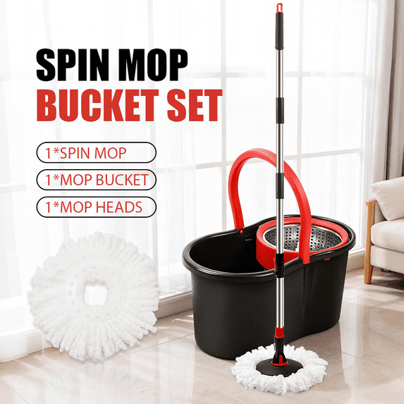 Mop and Bucket Set, 360° Spin Mop and Bucket with Wringer Set and 1 Microfiber Mop Refills, Stainless Steel, Extended Handle Spinning Mop Bucket for Floor Cleaning, Black
