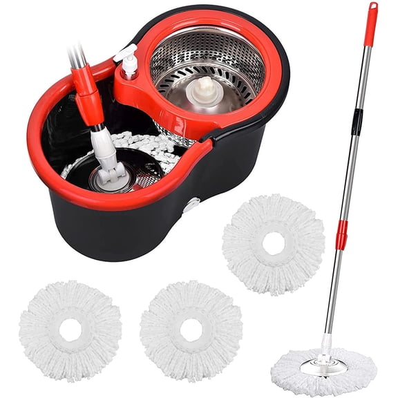 Mop and Bucket Set, 360 Spin Mop and Bucket with Wringer Set and 3 Microfiber Mop Refills, Stainless Steel 61" Extended Handle Spinning Mop Bucket System for Floor Cleaning