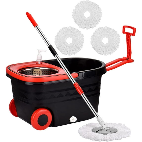 Mop and Bucket Set, 360° Spin Mop and Bucket with Wringer Set and 3 Microfiber Mop Refills, Stainless Steel 61'' Extended Handle Spinning Mop Bucket System for Floor Cleaning