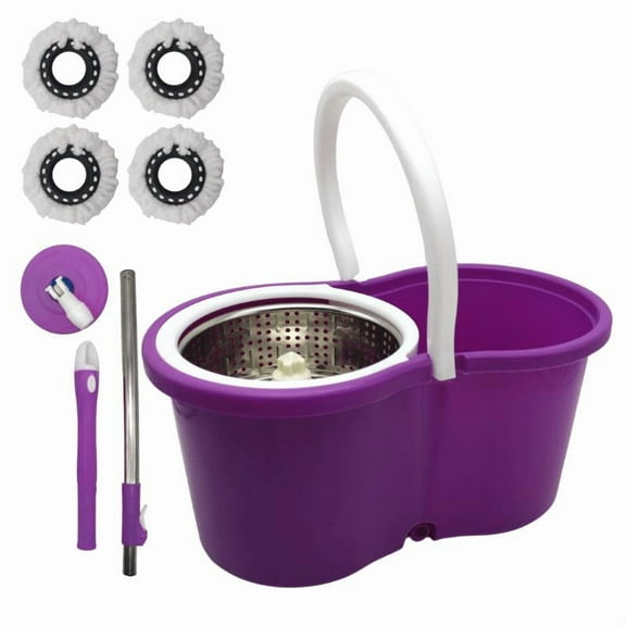Mop and Bucket Set, 360° Spin Mop and Bucket with Wringer Set and 4 Microfiber Mop Refills, Stainless Steel, Extended Handle Spinning Mop Bucket System for Floor Cleaning