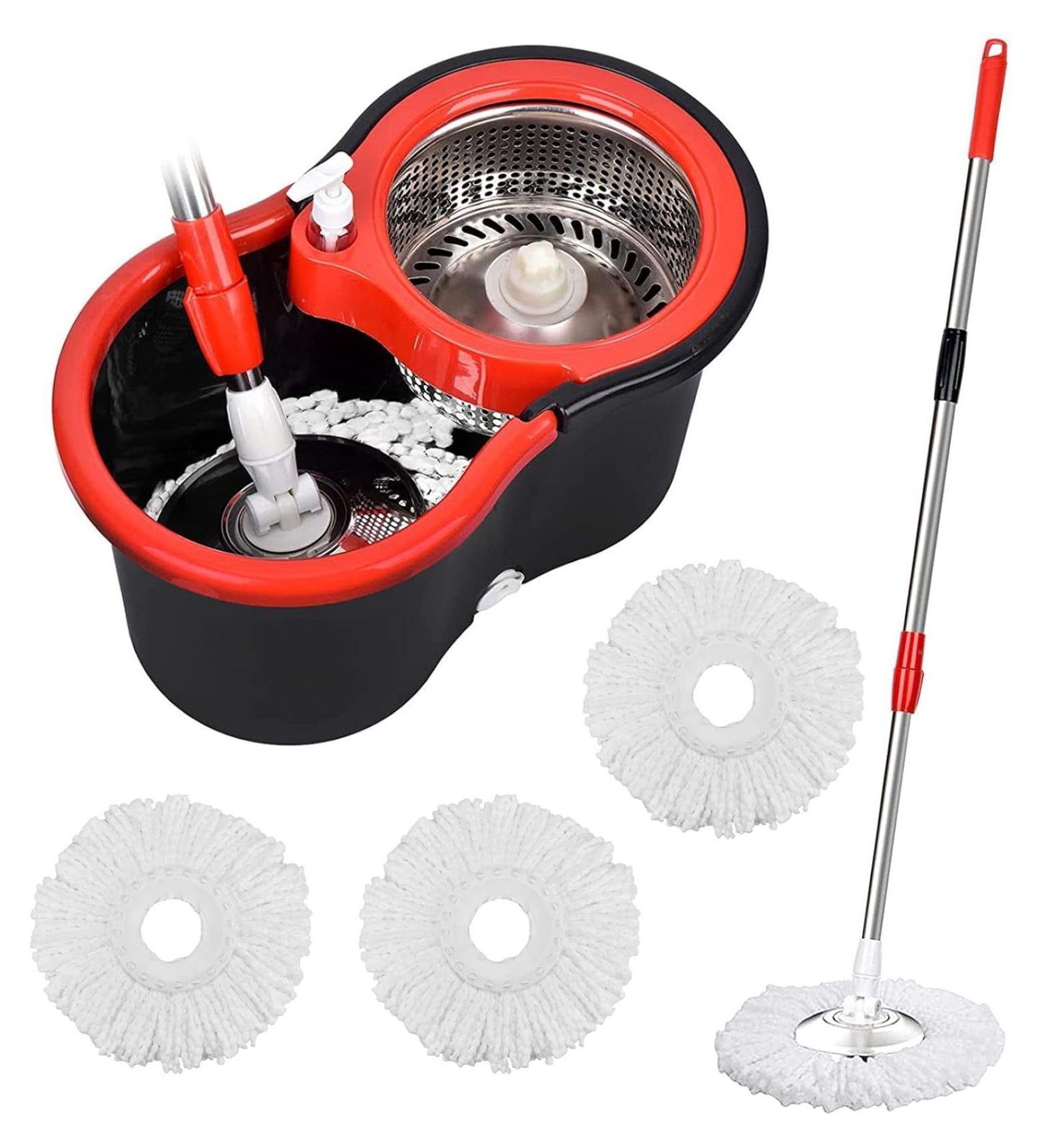 Black and Red 360° Spin Mop and Bucket Set with Microfiber Refills