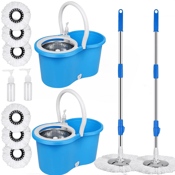 Mop and Bucket Set, 360 Spin Mop and Bucket with Wringer Set and 6 Microfiber Mop Refills, Stainless Steel 61" Extended Handle Spinning Mop Bucket System for Floor Cleaning (2 Sets)