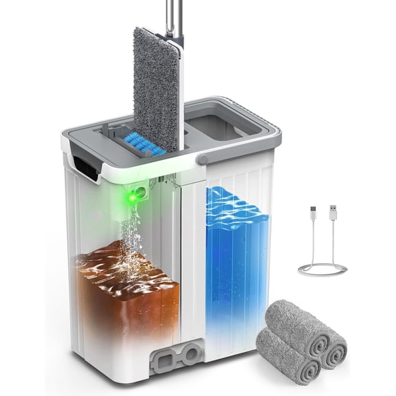 Mop and Bucket Set with AUTO Pump, 3-Zone Separate Dirty and Clean Water, Flat Mop and Bucket System with Wringer and Wheels, 3  Microfiber Pads, - Water Filling for  Cleaning