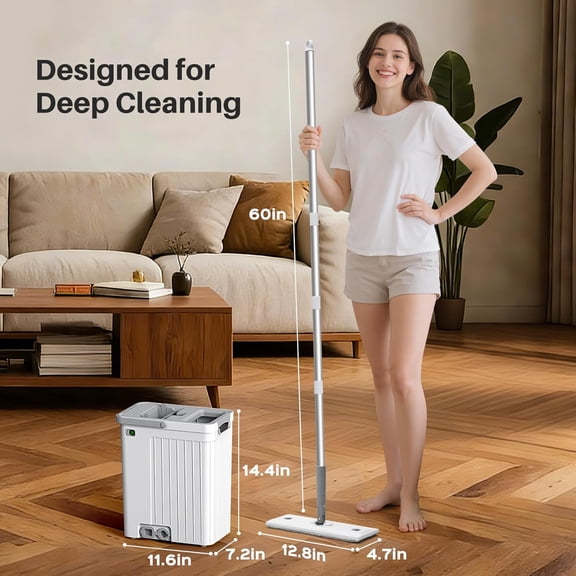 Mop and Bucket Set with AUTO Pump, 3-Zone Separate Dirty and Clean Water, Flat Mop and Bucket System with Wringer and Wheels, 3 Reusable Microfiber Pads, One-Touch Water Filling for Home Cleaning