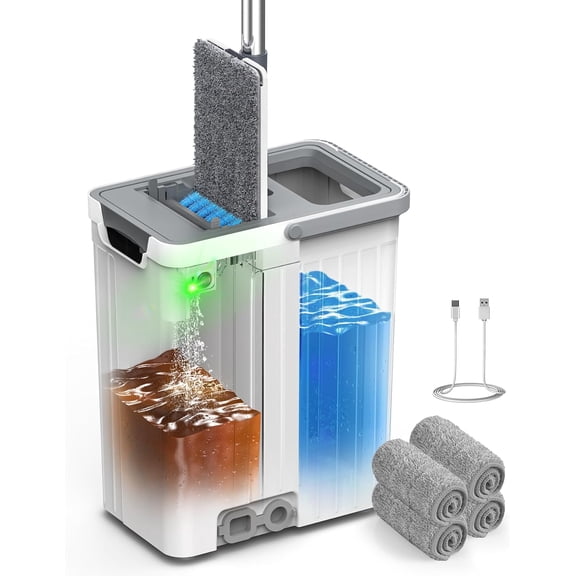 Mop and Bucket Set with AUTO Pump, 3-Zone Separate Dirty and Clean Water, Flat Mop and Bucket System with Wringer and Wheels, 3 Reusable Microfiber Pads, One-Touch Water Filling for Home Cleaning