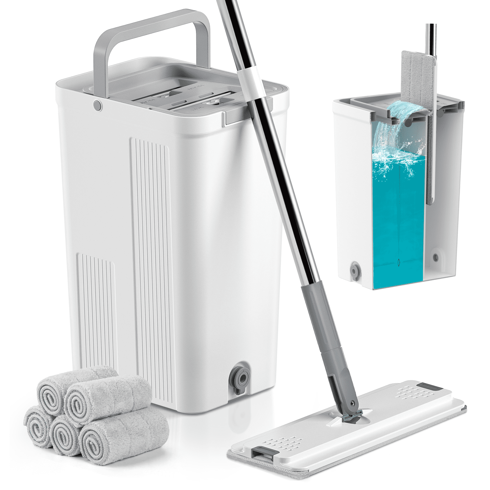 Cshidworld Mop and Bucket Set, Hands Free Flat Floor Mop and Bucket with Wringer, 5 Washable Microfiber Pads Included, Wet and Dry Use, Floor Cleaning System for All Floor Types and Windows