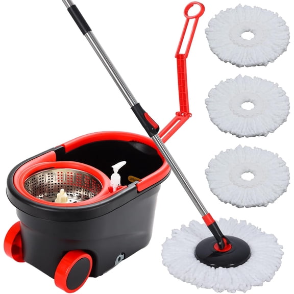 Mop and Bucket Set, Hands Free Mop and Bucket Floor Cleaning Set, Mop Bucket with Wringer, 61 inches Telescopic Mop Rod, 3 Microfiber Mop Heads, Rotary Mop Bucket System for Home and Office Use