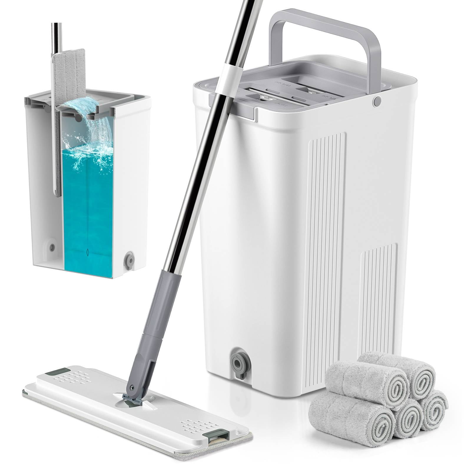 Flat Mop and Bucket Set, Mop and Bucket with Wringer Set, with Long Handle and 5 Microfiber Reusable Pads, Wet and Dry Use for Household Cleaning and Floor Windows Cleaning