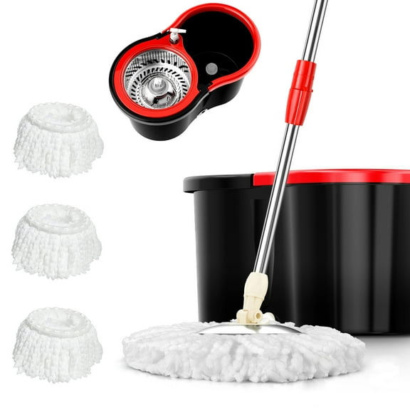 Mop and Bucket Set, Mops and Buckets for Floors, 360 Spin Mop and Bucket System, Dust Mop and Bucket with Wringer Set for Floor Cleaning System, 3 Mop Replacement Heads, Black & Red(One Set)