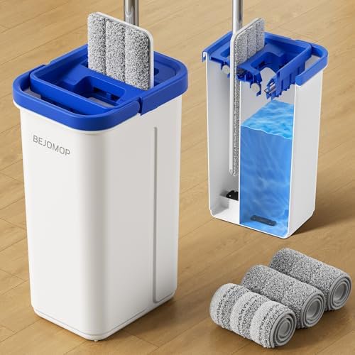 Mop and Bucket Set, Mops for Floor Cleaning with Long Handle, Squeeze Flat Mop and Bucket System, Dry & Wet Dust Mops for Household Floor Cleaning with 3 Microfiber Mops, Slate Blue
