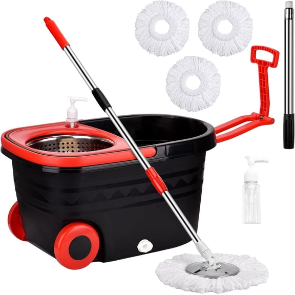 Mop and Bucket Set with Wringer, 360 Rotating Mop Bucket Floor Cleaning System on Wheels, 3 Microfiber Mop Refills for Fast Cleaning, Extendable 61" Stainless Steel Handle