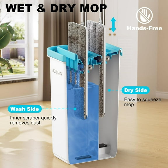 Mop and Bucket Set with Wringer, Dry & Wet Wall Mop Cleaner with Long Handle, Flat Squeeze Spin Dust Mop for Household Floor Cleaning with 4 Microfiber Mops, Turquoise-Cyan