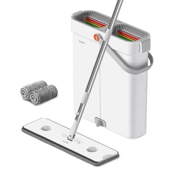 Maoface Mop and Bucket Set with Wringer,Hands Free Flat Mop Bucket with 2 Reusable Microfiber Pads for Floor