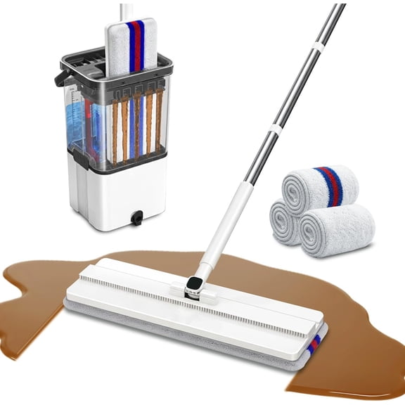 Mop and Bucket Set with Wringer,Separate Clean Dirty Water, Self Wringing Microfiber Dust Flat Mop for Hardwood Floors, Kitchen, Wall Cleaner -with 4 Washable Microfiber Pads