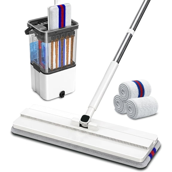 Mop and Bucket Set with Wringer,Separate Clean Dirty Water, Self Wringing Microfiber Dust Flat Mop for Hardwood Floors, Kitchen, Wall Cleaner -with 4 Washable Microfiber Pads