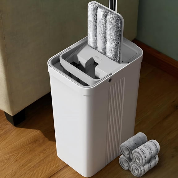 Mop Bucket Set with Wringer, Flat Mops Floor Cleaning, Wall Mop Cleaner with Long Handle, Hardwood Floor Mop with 4 Microfiber Pads