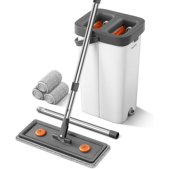 Mop and Bucket with Wringer Set for Home, Flat Mop and Bucket Set with 3 Washable Microfiber Pads, Wet and Dry Mop with Long Handle, Wall Cleaner for All Floor Types and Windows