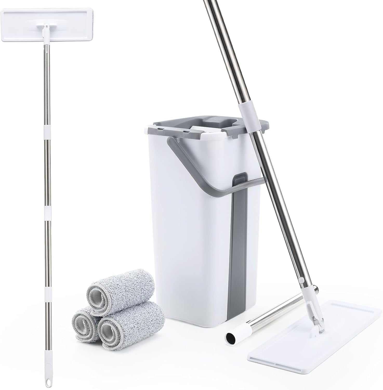 Serpillière Plate Avec Seau Essoreur – Grand Mop Rotatif 360° + 6 Lingettes Microfibre, Idéal Pour Nettoyage Sols Durs Maison