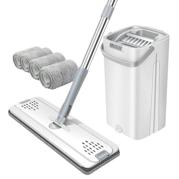 Mop and Bucket with Wringer Set for Home, Hands-Free Flat Mop and Bucket for Floor Cleaning, with 4 Reusable Microfiber Pads, Wet and Dry Use, Home Floor Cleaning for All Floor Types and Windows