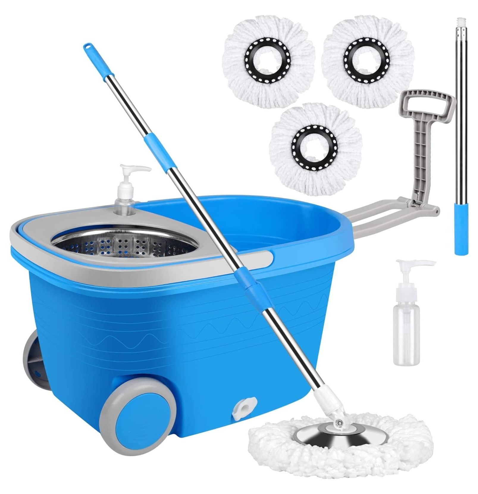 Mop and Bucket with Wringer Set, Mop and Bucket on Wheels Floor Cleaning System with Spin Mop Head 61 Inch Refills Extended Stainless Steel Handle for Home Office Household Cleaning
