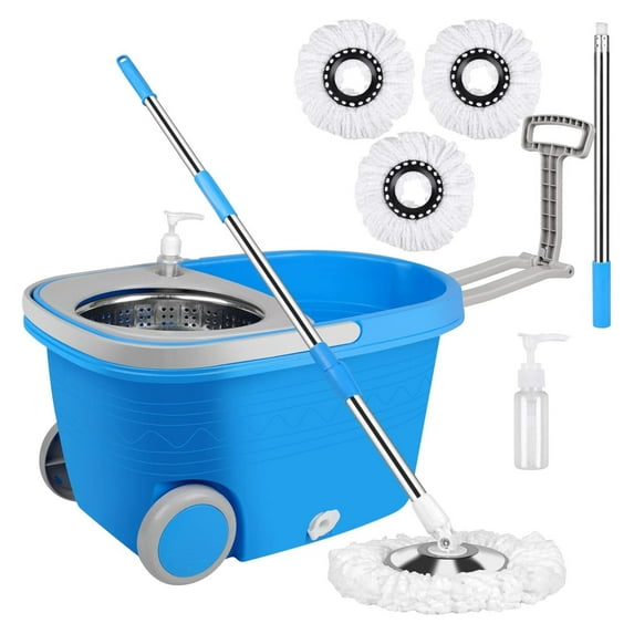 Mop and Bucket with Wringer Set, Mop and Bucket on Wheels Floor Cleaning System with Spin Mop Head 61 Inch Refills Extended Stainless Steel Handle for Home Office Household Cleaning