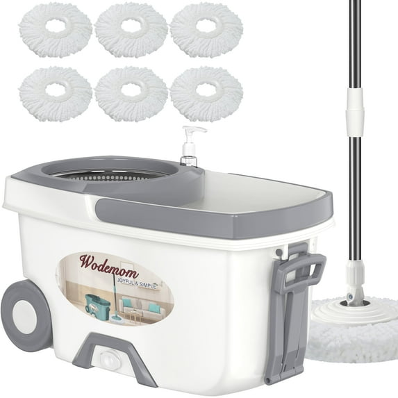Tsmine FunClean 360 Spin Mop Set with Wringer, 61" Extendable Pole + 6 Refills