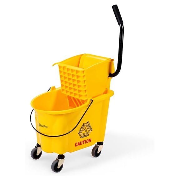 Mop Bucket with Wringer on Wheels, 26 Quart - Yellow Heavy Duty Cleaning Bucket for Home, Office, Restaurant, Industrial Use with Separate Dirty Water Compartment
