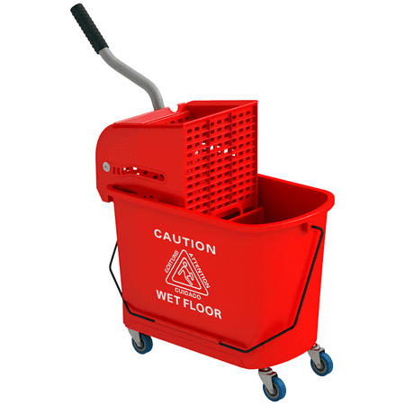 Mop Bucket with Wringer, 20L Plastic Cleaning Bucket with Wheels and Dual Compartment for Water Separation, Red