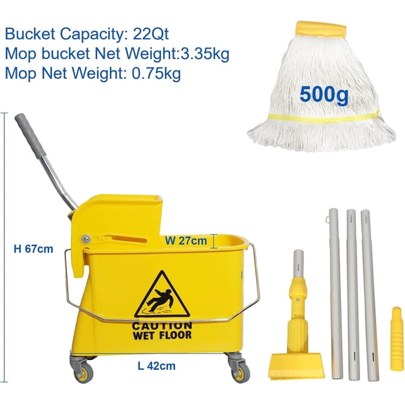 Mop Bucket with Wringer, 22 Qt (5.5 Gallon), Handle, Wheels, Floor Cleaning, 16.5" L x 10.6" W x 26.4" H, Yellow, Add One Cotton Mop