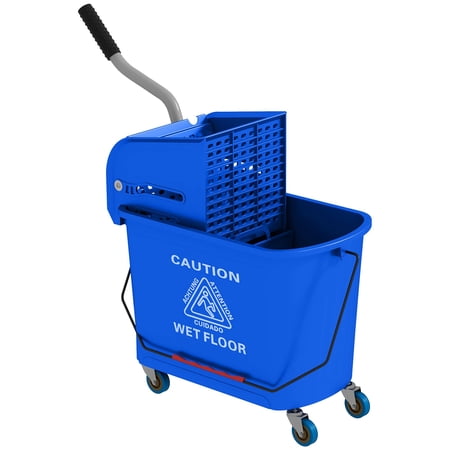 Mop Bucket with Wringer and Wheels, 20L Blue Plastic Cleaning Bucket with Dual Compartment Separator for Floor Cleaning