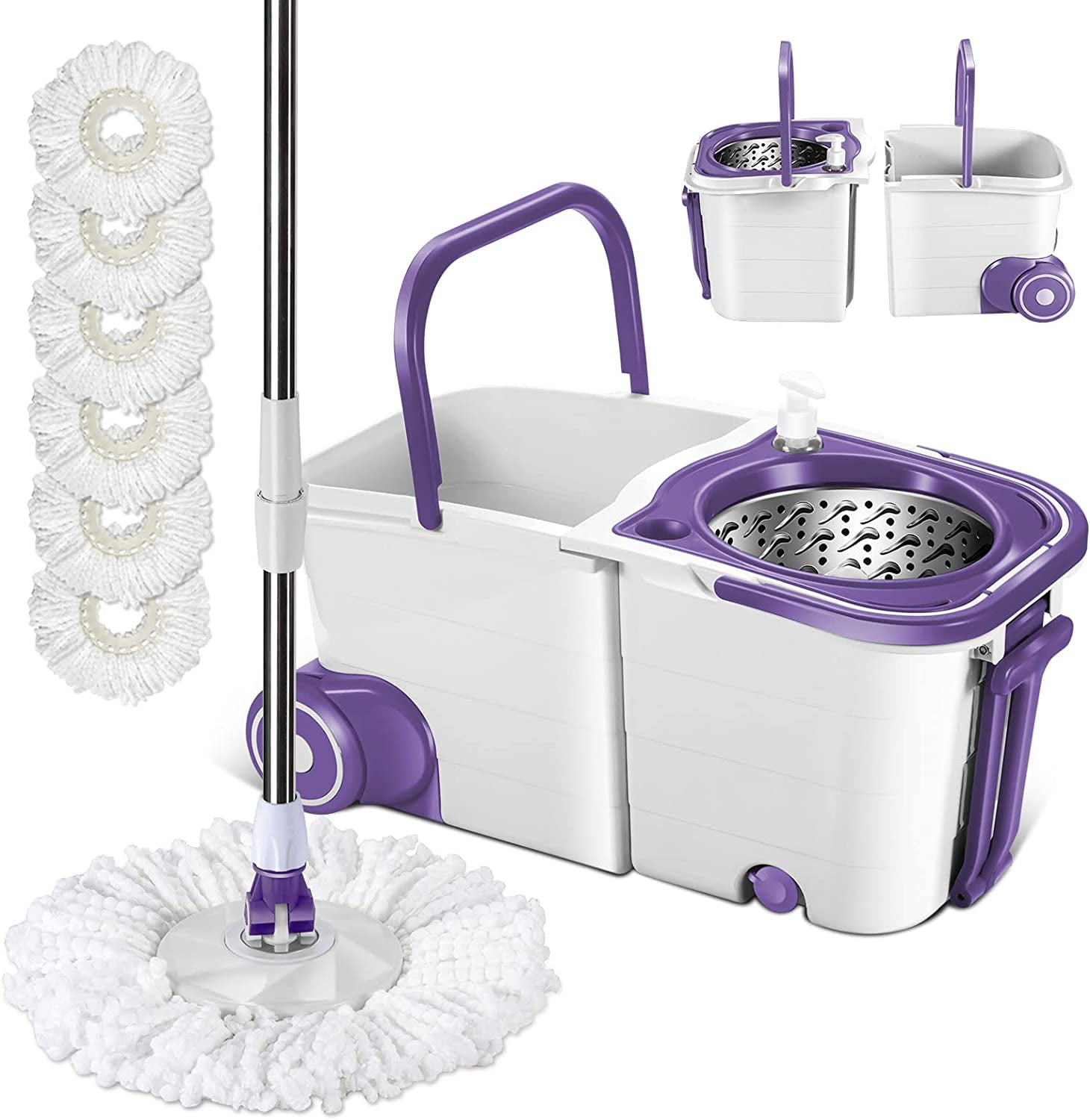 Mop Bucket with Wringer on Wheels, Spin Mop and Bucket with 6