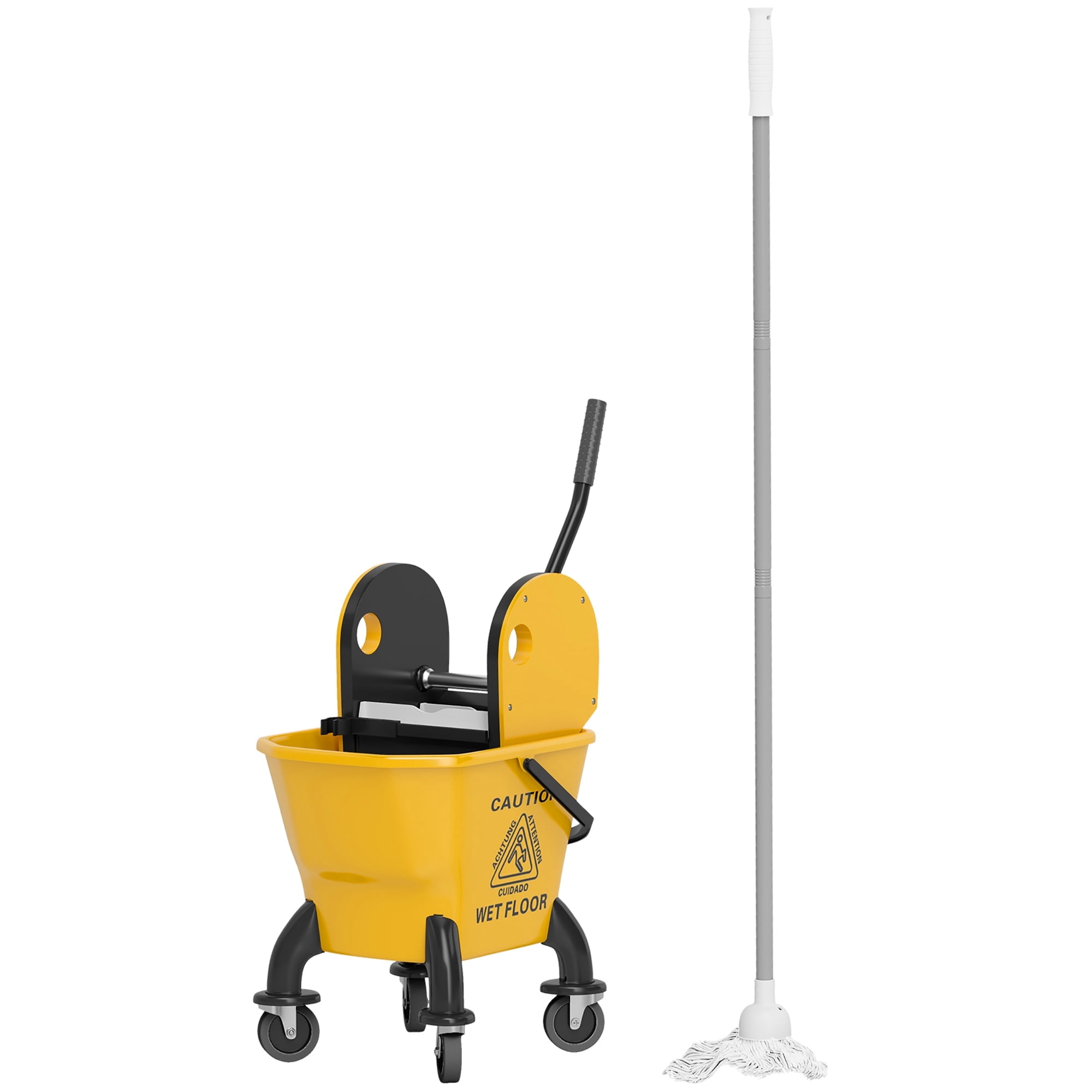 Mop Bucket with Wringer on Wheels for Floor Cleaning, 27.5 Quart Down Press Wringer with Handle & Mop – Black