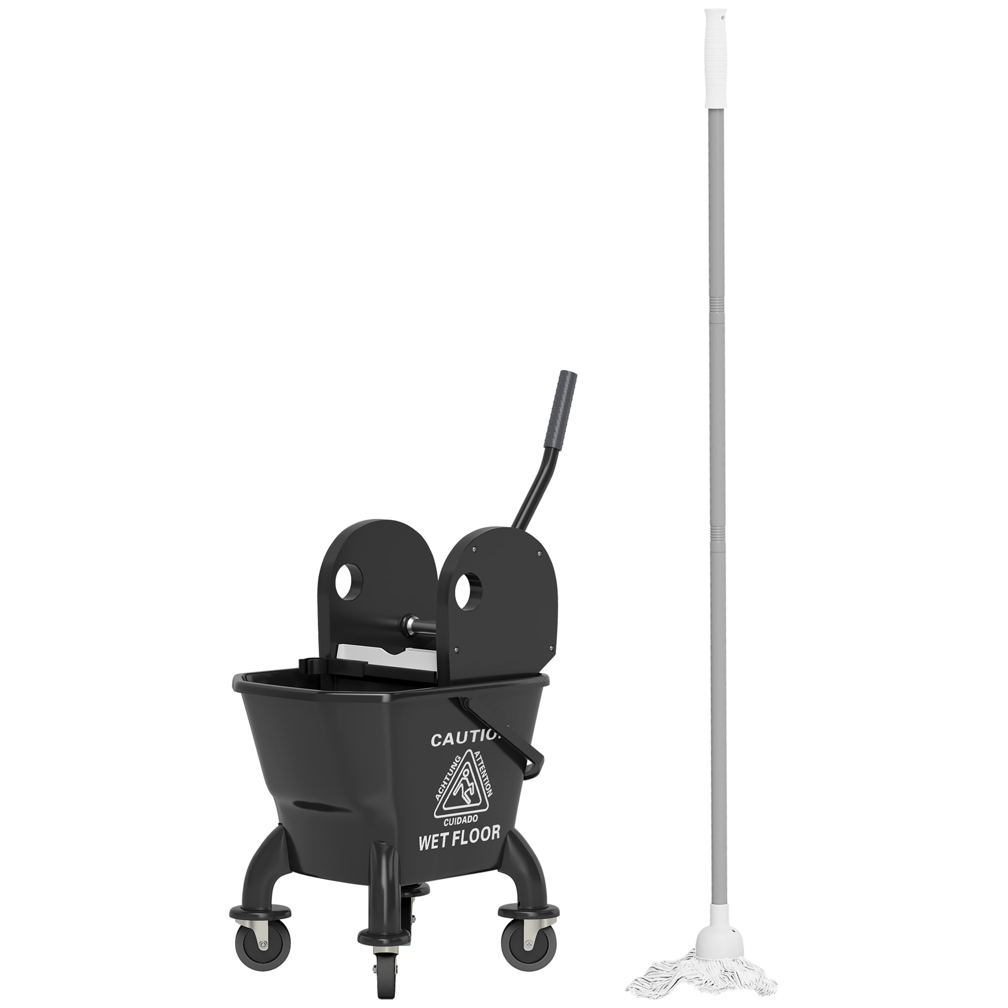 Mop Bucket with Wringer on Wheels for Floor Cleaning, 27.5 Quart Down Press Wringer with Handle & Mop – Black